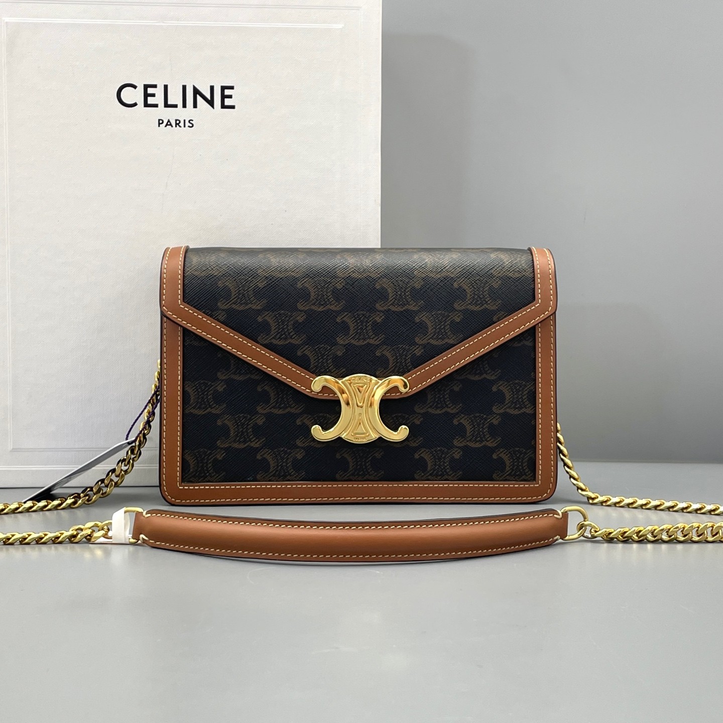 Celine Triomphe WOC Camel Brown Monogram Canvas Calfskin Crossbody Bag Duty Paid