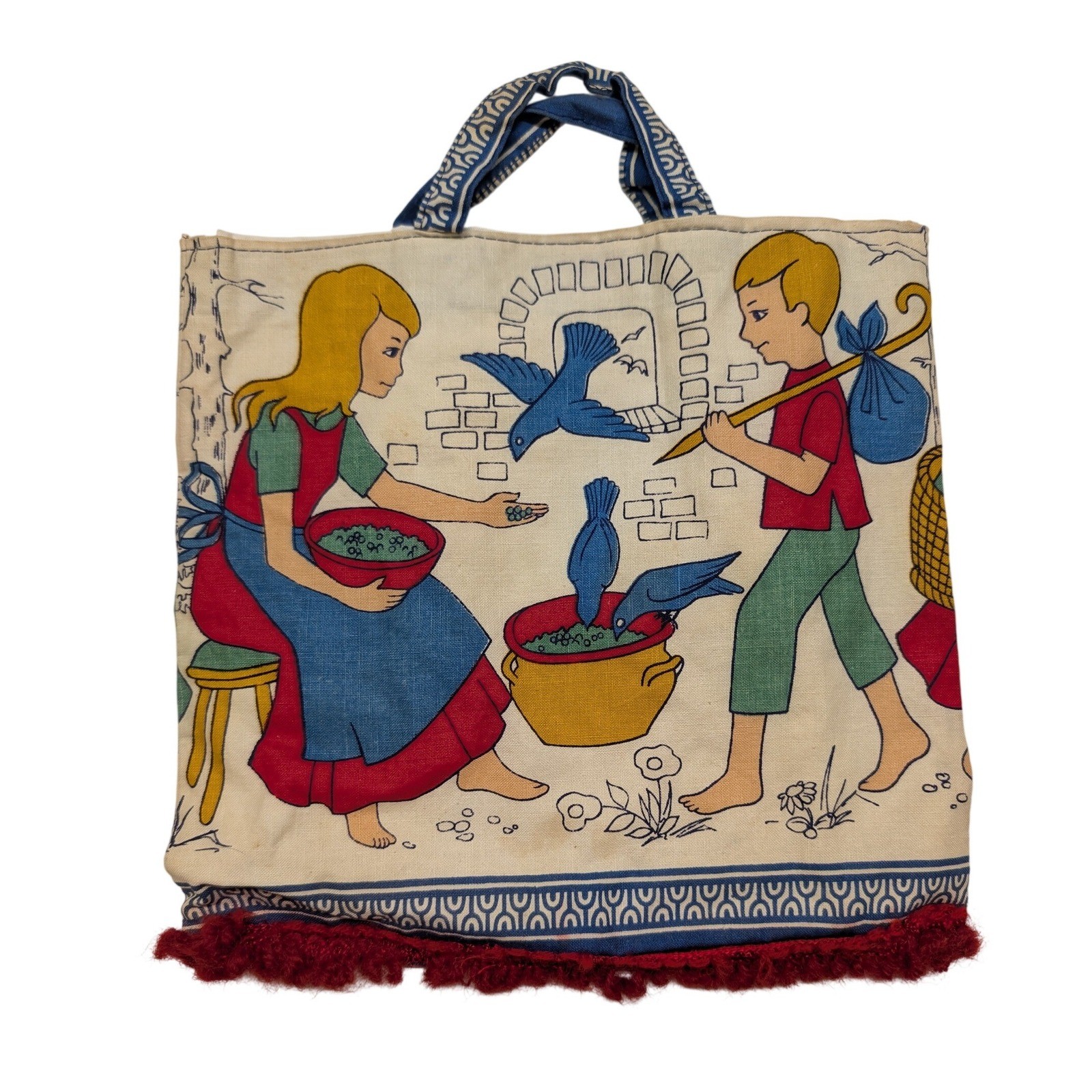 Vtg Hansel & Gretel Storybook Tote Bag Canvas Fabric Folk Art Red Fringe Small