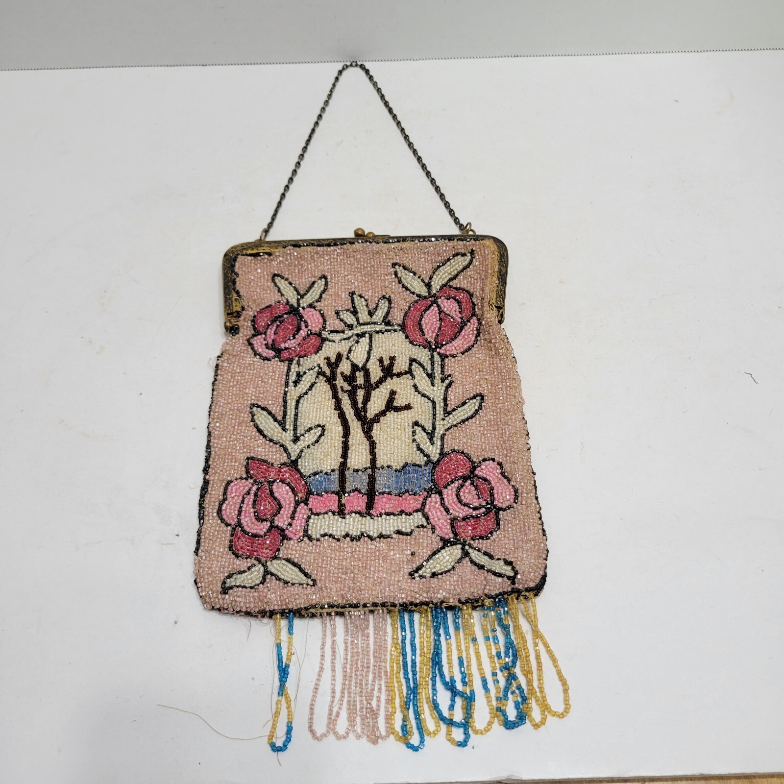 Old Vintage Pink Glass Beaded Floral Purse Gold Frame Handbag Victorian Snap Clo