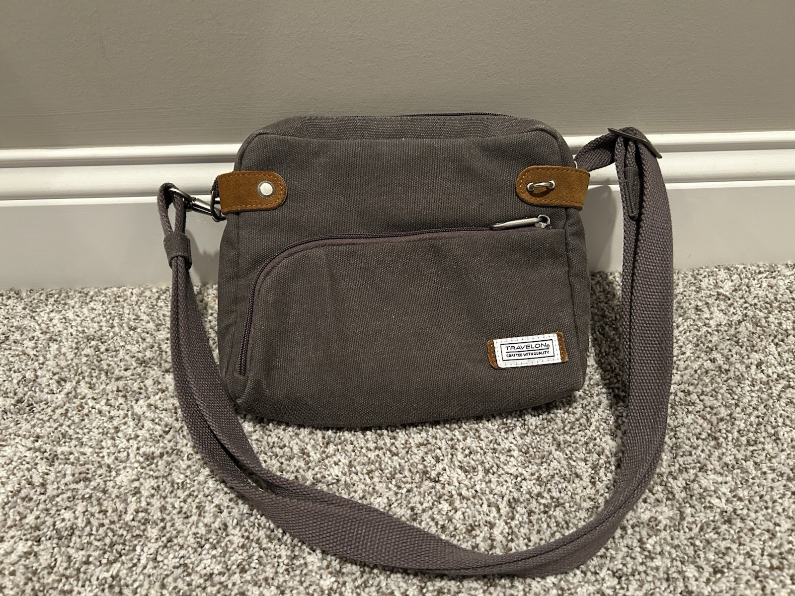 Travelon Purse Anti Theft Heritage Small Crossbody Brown Canvas Travel Zip RFID