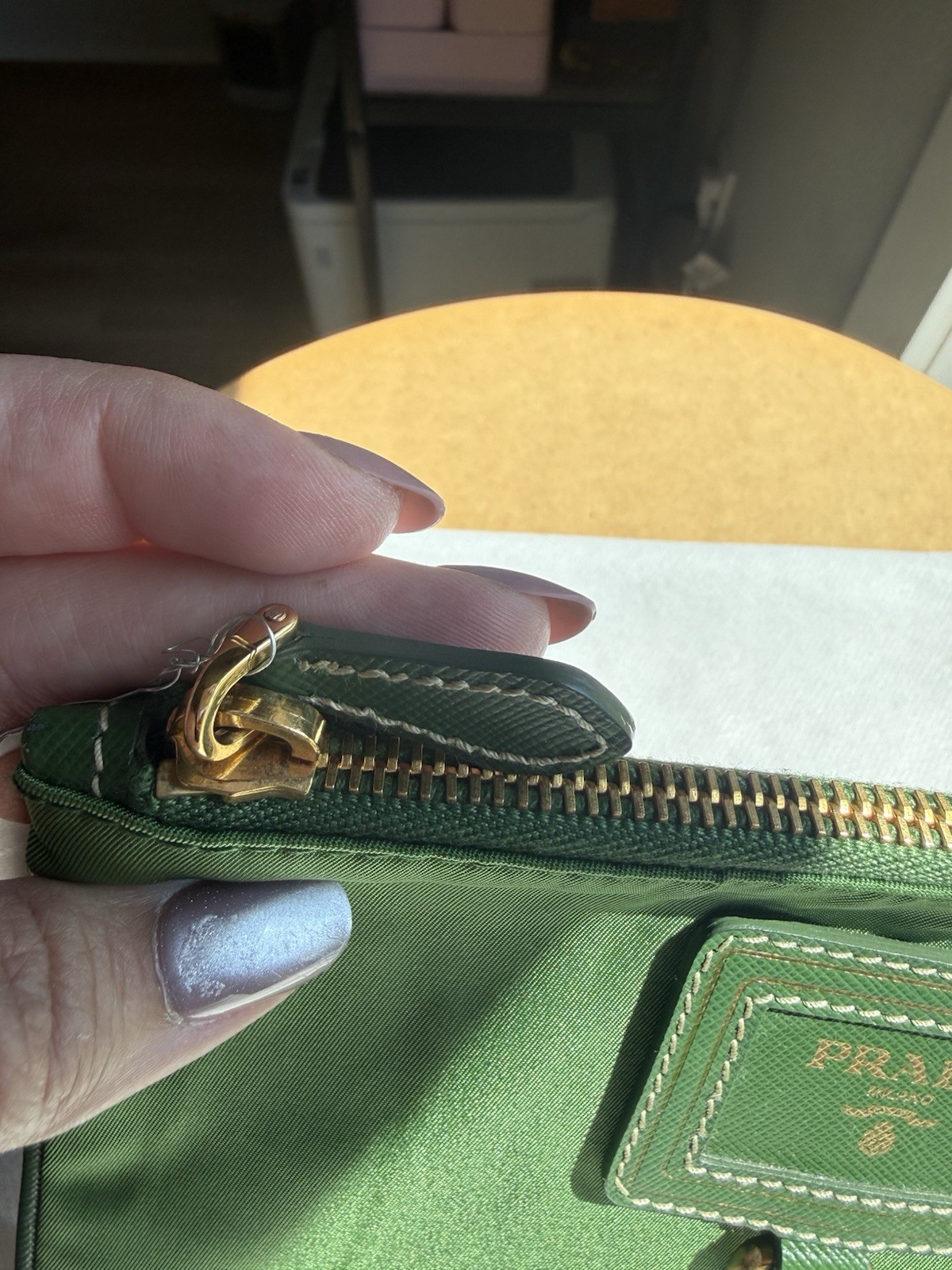 PRADA Green Logo Zip Wristlet Pouch w/ Gold Hardware Inner Pockets Brand Card