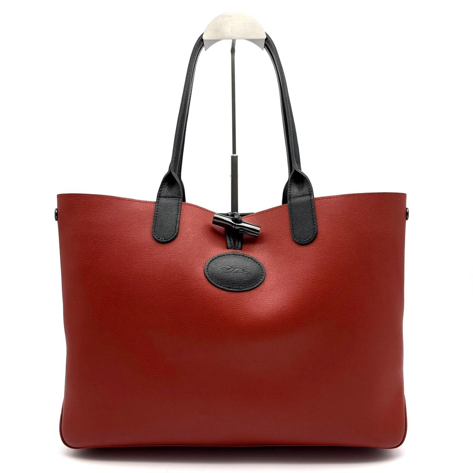 Longchamp Roseau Brown Black Leather Tote Bag A4 Shoulder Large Capacity Auth