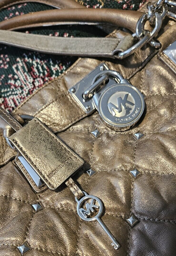 Michael Kors Hamilton Antique Gold Quilted Leather Large Ladies Crossbody Bag