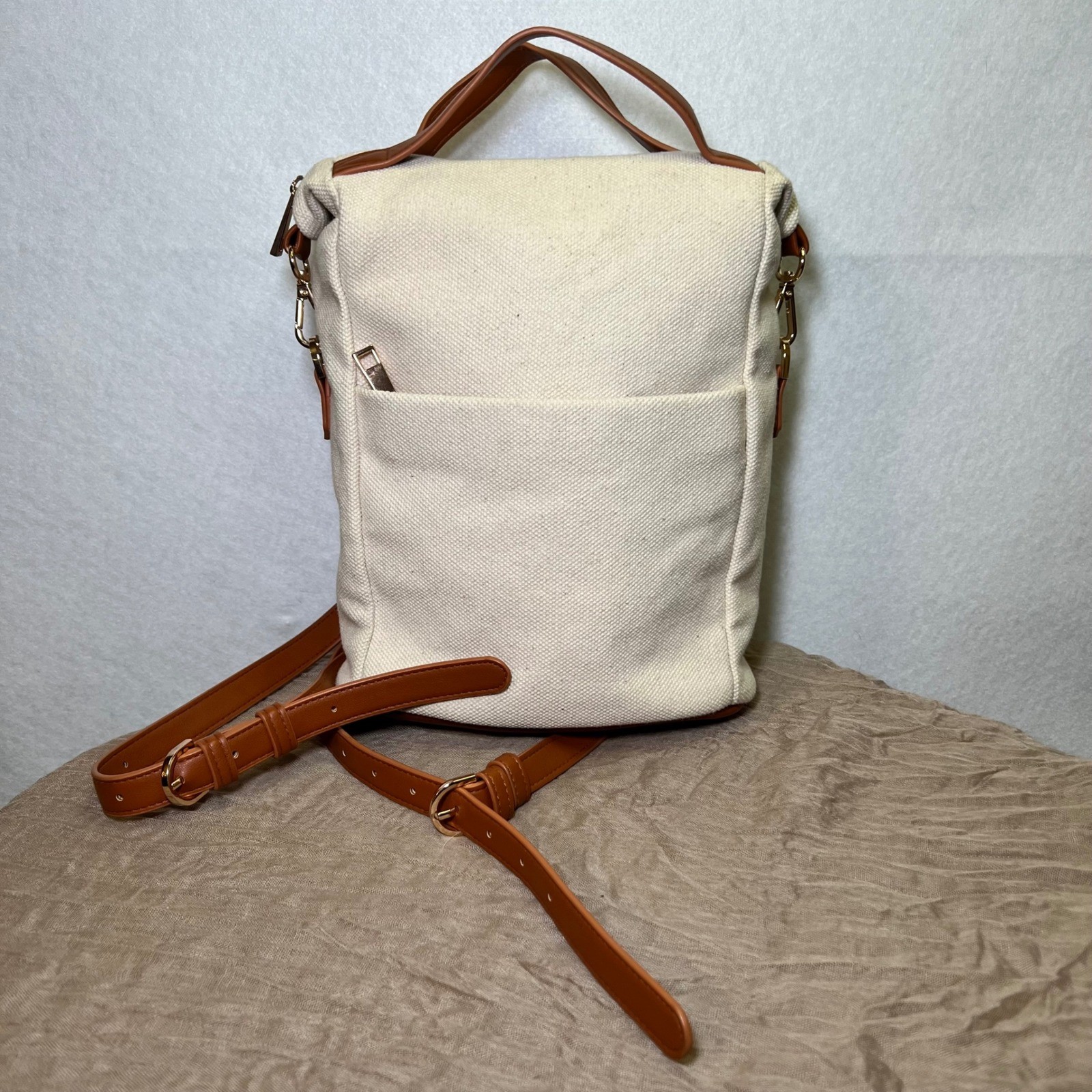 Boho Minimalist Earthy Cream Canvas Mini Backpack Brown Vegan Leather A New Day
