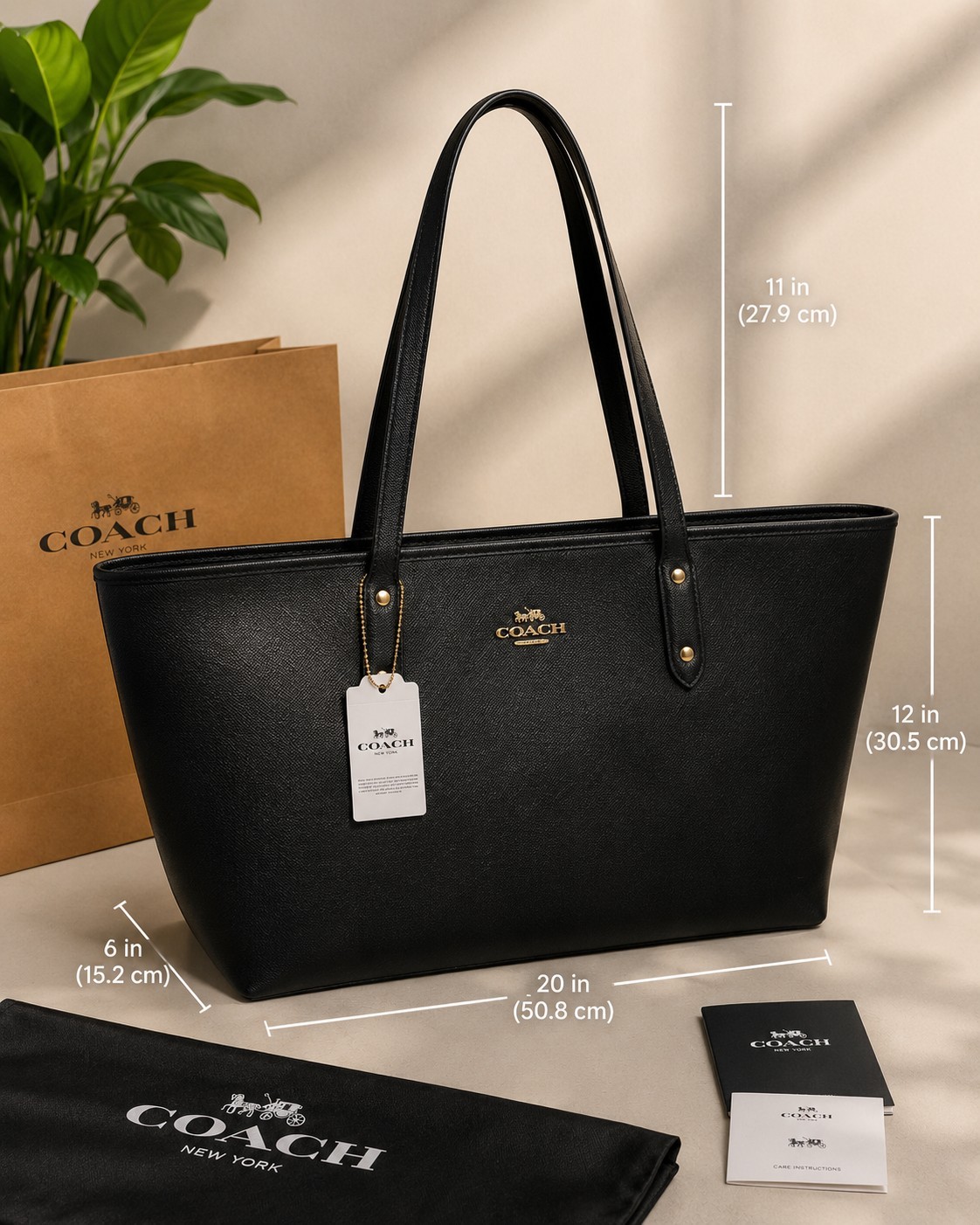 Coach Black Crossgrain Tote Bag, Gold Hardware, Logo, Dust Bag & Brand Card