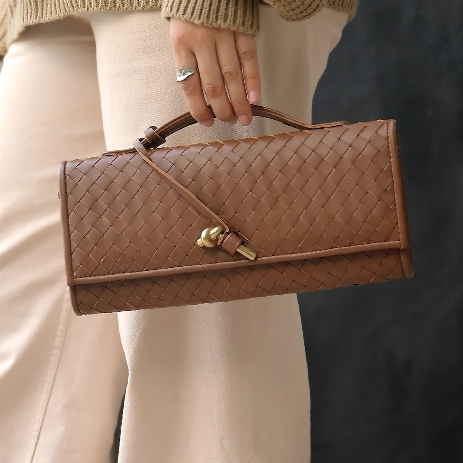 The Knot Handwoven 100% Genuine Leather Brown Clutch For Women
