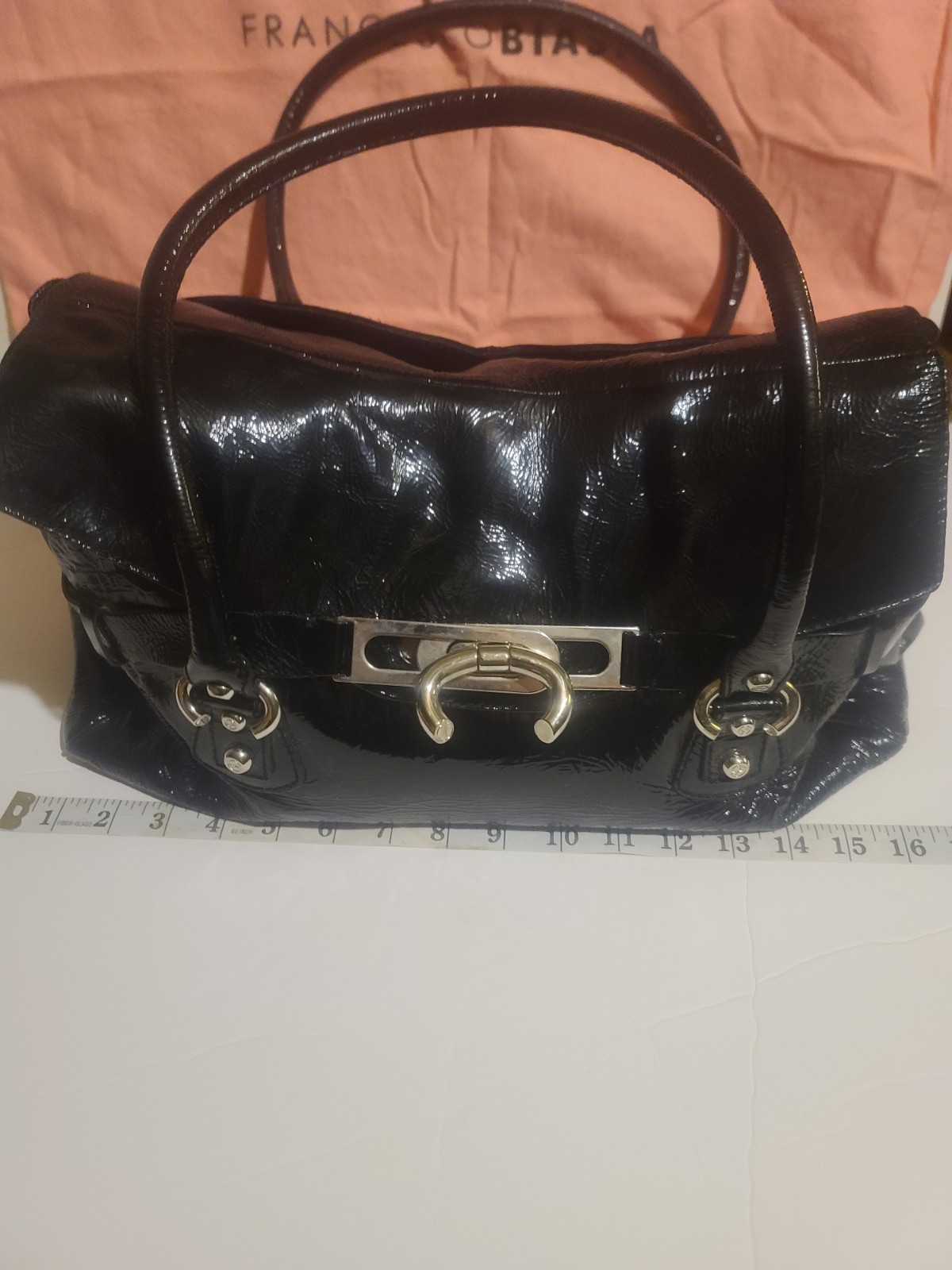 Francesco Biasia Patent Leather Black Y2k Handbag With Dust Bag