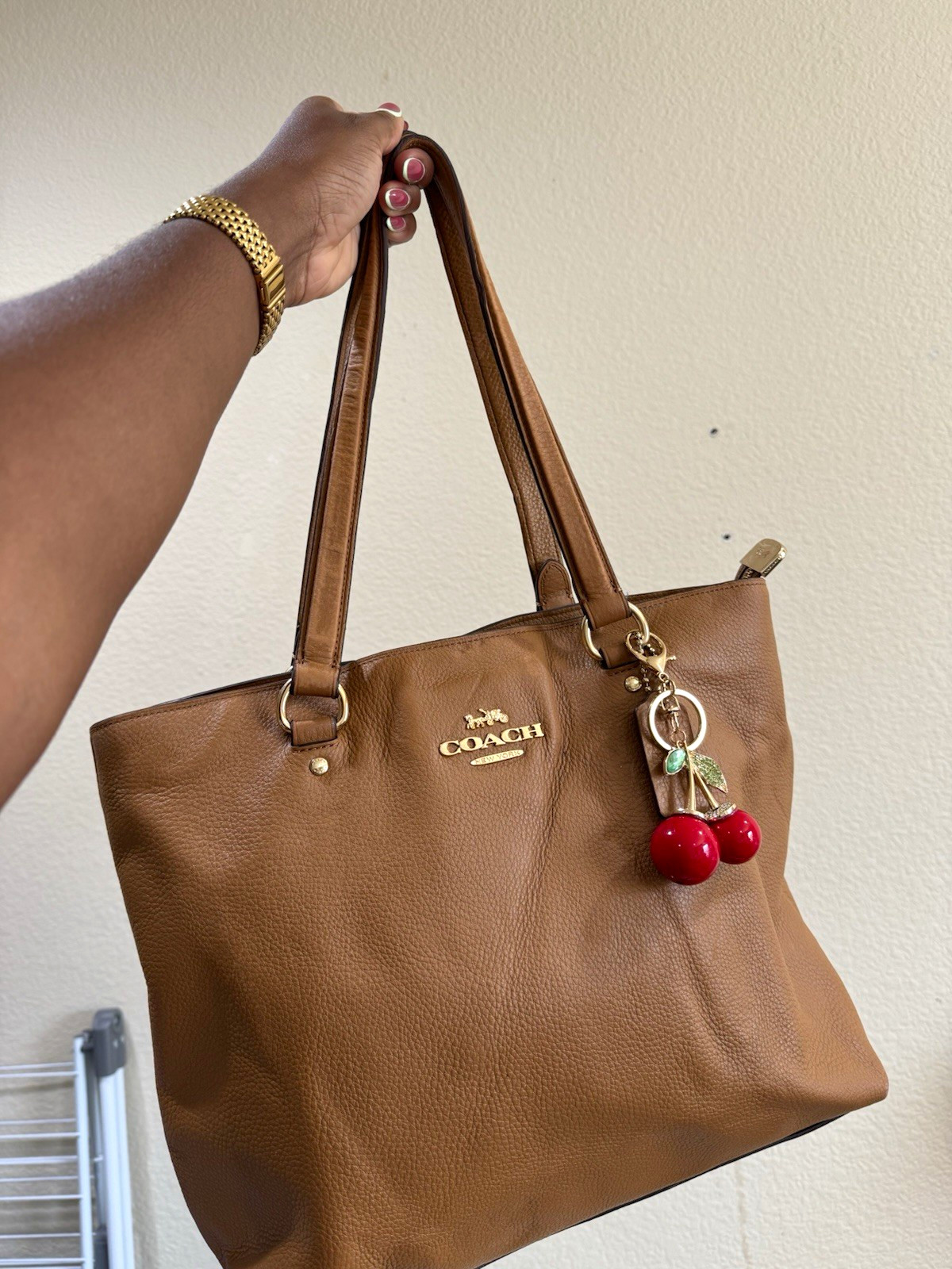 Coach Brown Pebbled Zip Tote Bag Charm, Lined, Inner/Outer Pockets, Gold