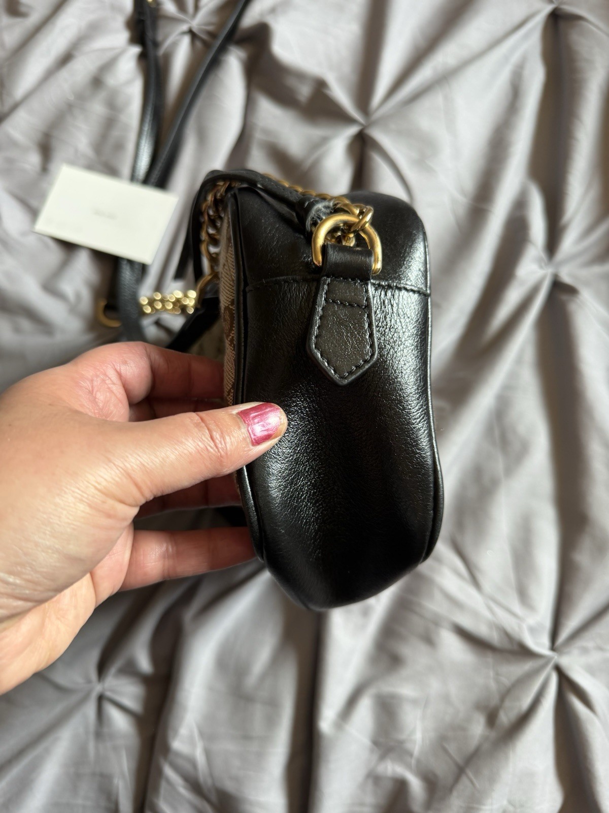 Gucci GG Pattern Crossbody Bag Zip Closure Beige Black Leather Trim Gold
