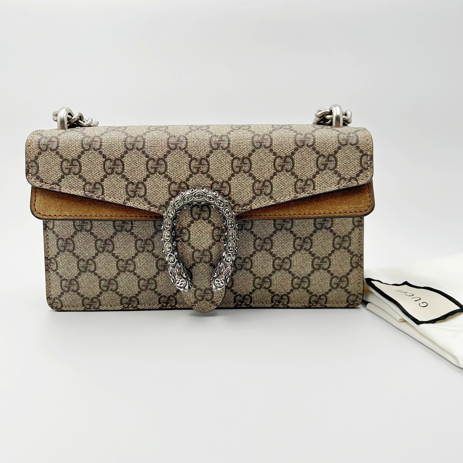Gucci Dionysus GG Supreme Suede trim Chain Crossbody Shoulder Bag Brown Colorway