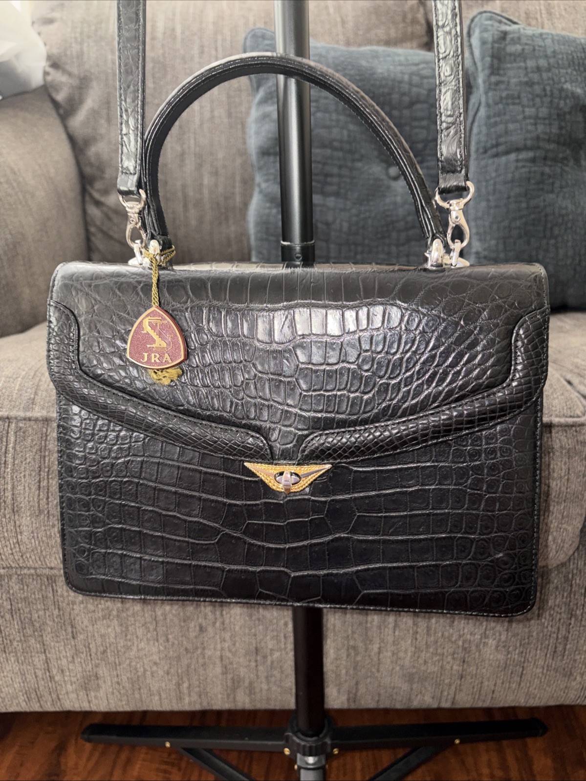 JRA Croco Matte 2 Way Bag Black Pre Owned Vintage L 10.5″ H 7.5″ W 3″