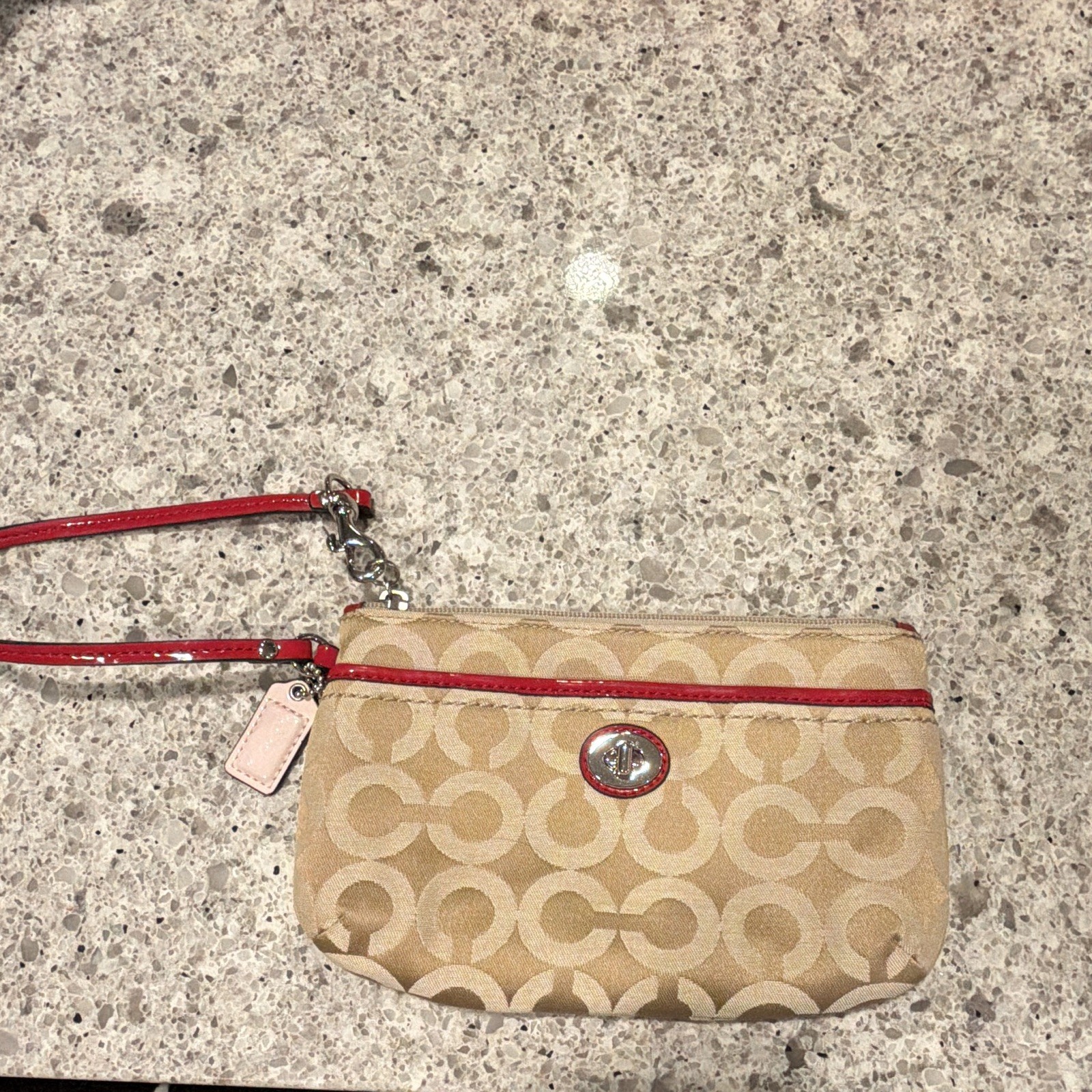 Coach Signature Logo Wristlet Pouch Zip Beige Tan Red Trim Silver Hardware