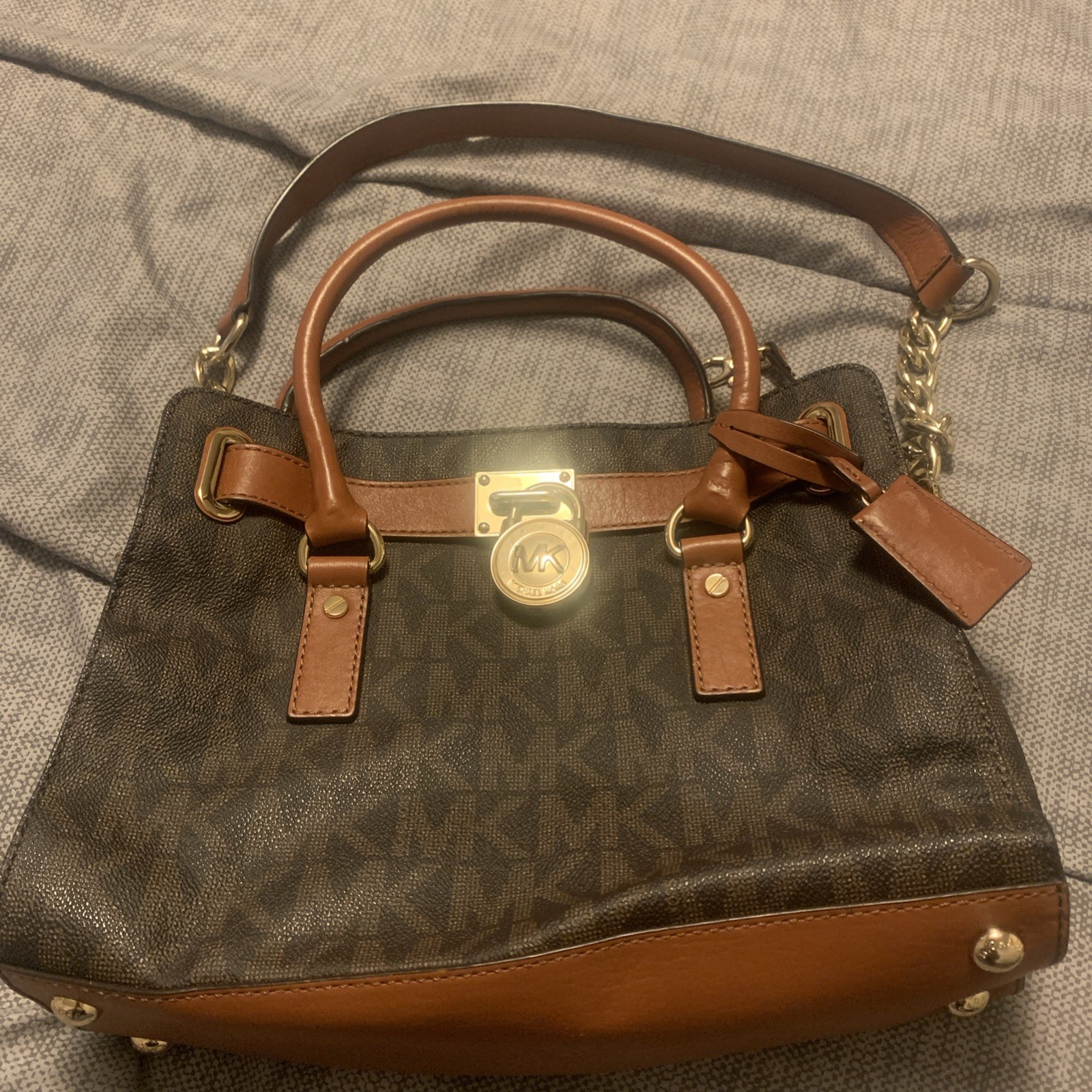 Michael Kors Hamilton Brown Leather Medium Satchel Shoulder Bag with MK Logo