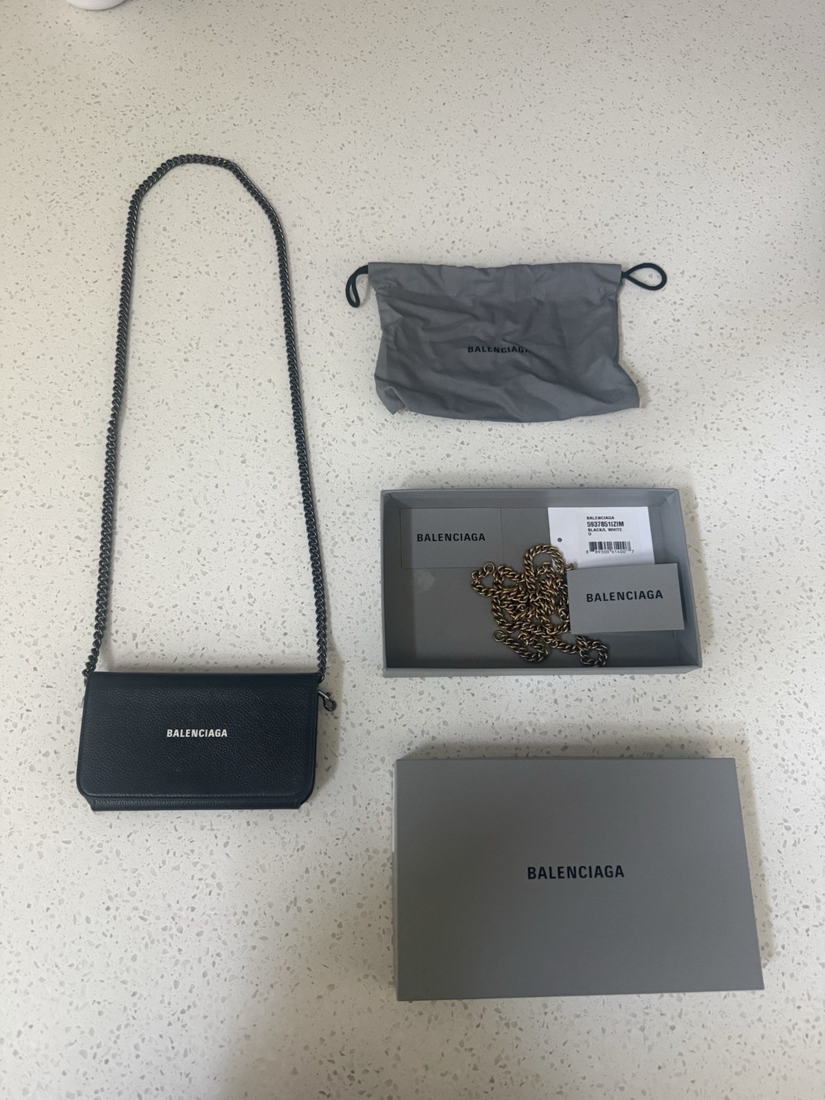 Balenciaga Black Leather Classic Logo Wallet on Gold Chain Crossbody Bag