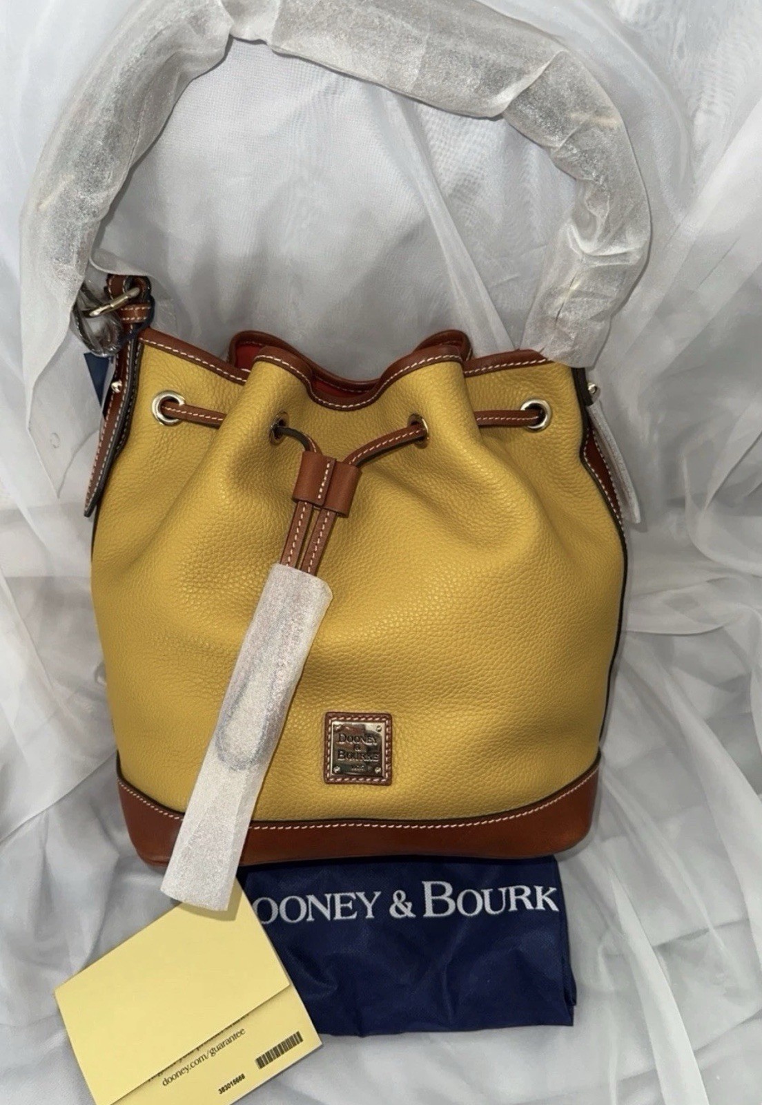 DOONEY & BOURKE ITALIAN LEATHER DRAWSTRING PEBBLED BAG MUSTARD/BRN BNWT