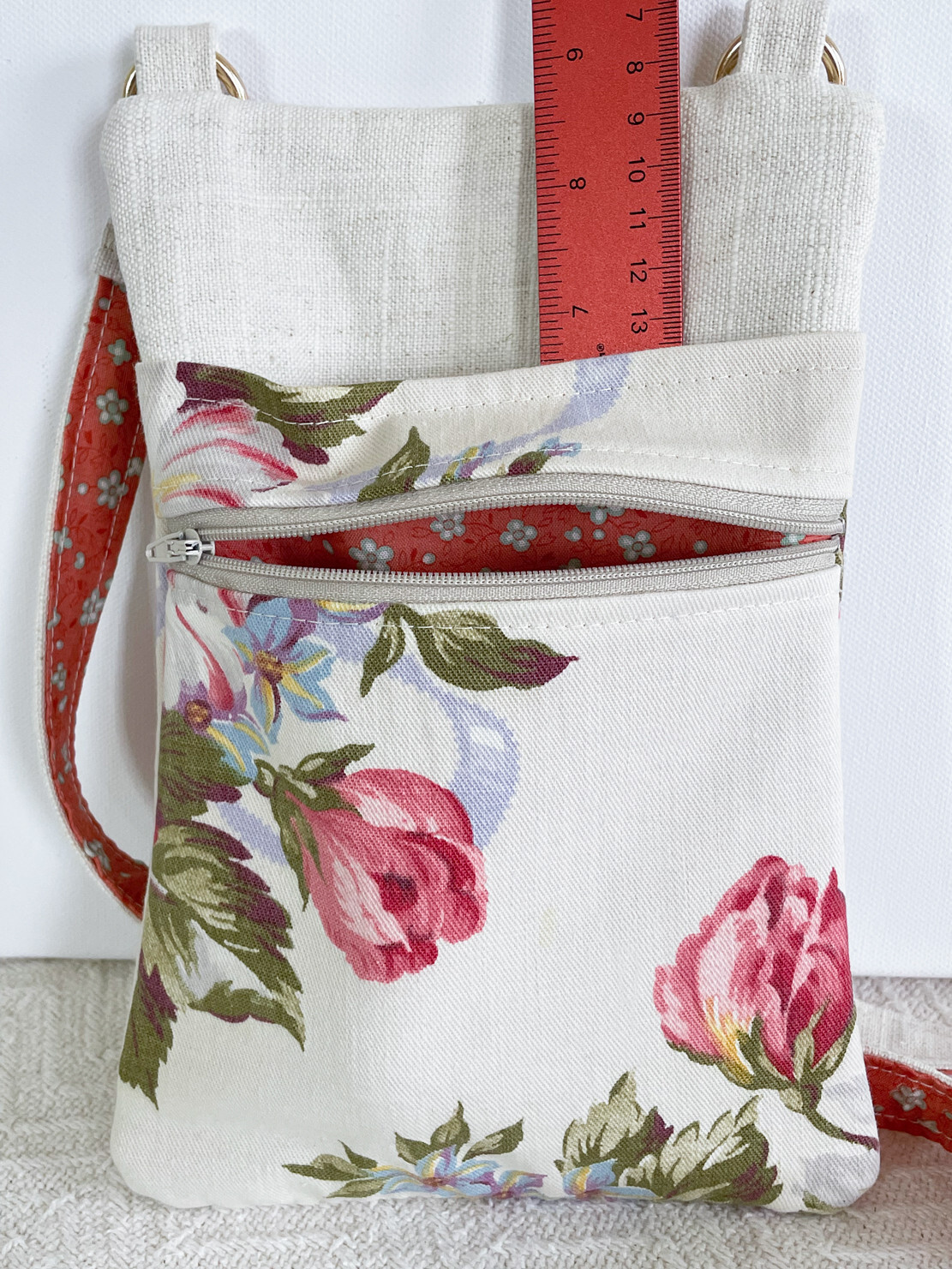 One of a Kind Handmade From Vintage Floral Linen, Crossbody Handbag, 5″ x 9″