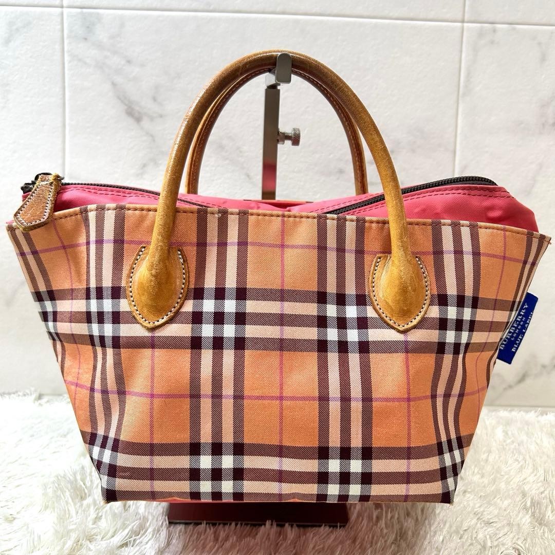 Burberry Blue Label Plaid Mini Tote Bag Orange Pink Used Japan