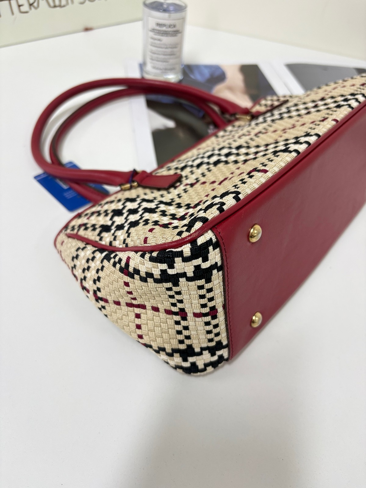 Burberry Horseferry Check Normal Size Beige&Wine Red Woven Leather 2Way Bag Duty