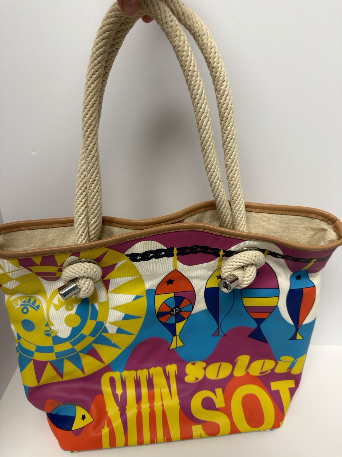 Jonathan Adler BEACH BAG Tote Rope Handles Tote Sun Fish Stripes EUC