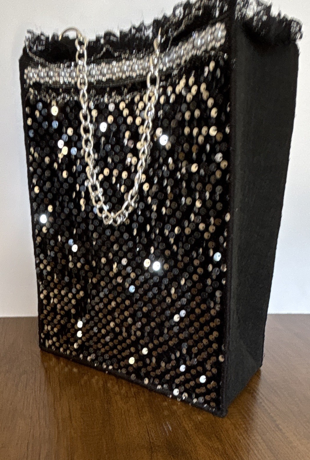 Black Sequin Top Handle Bag w/ Silver Chain Strap, Small Party Formal Purse