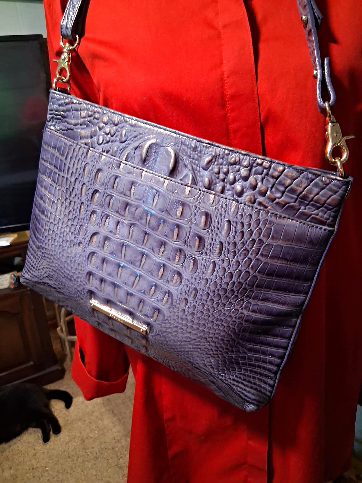 Brahmin Blue & Silver Animal Print Shoulder Bag Zip Closure Gold Hardware Lined