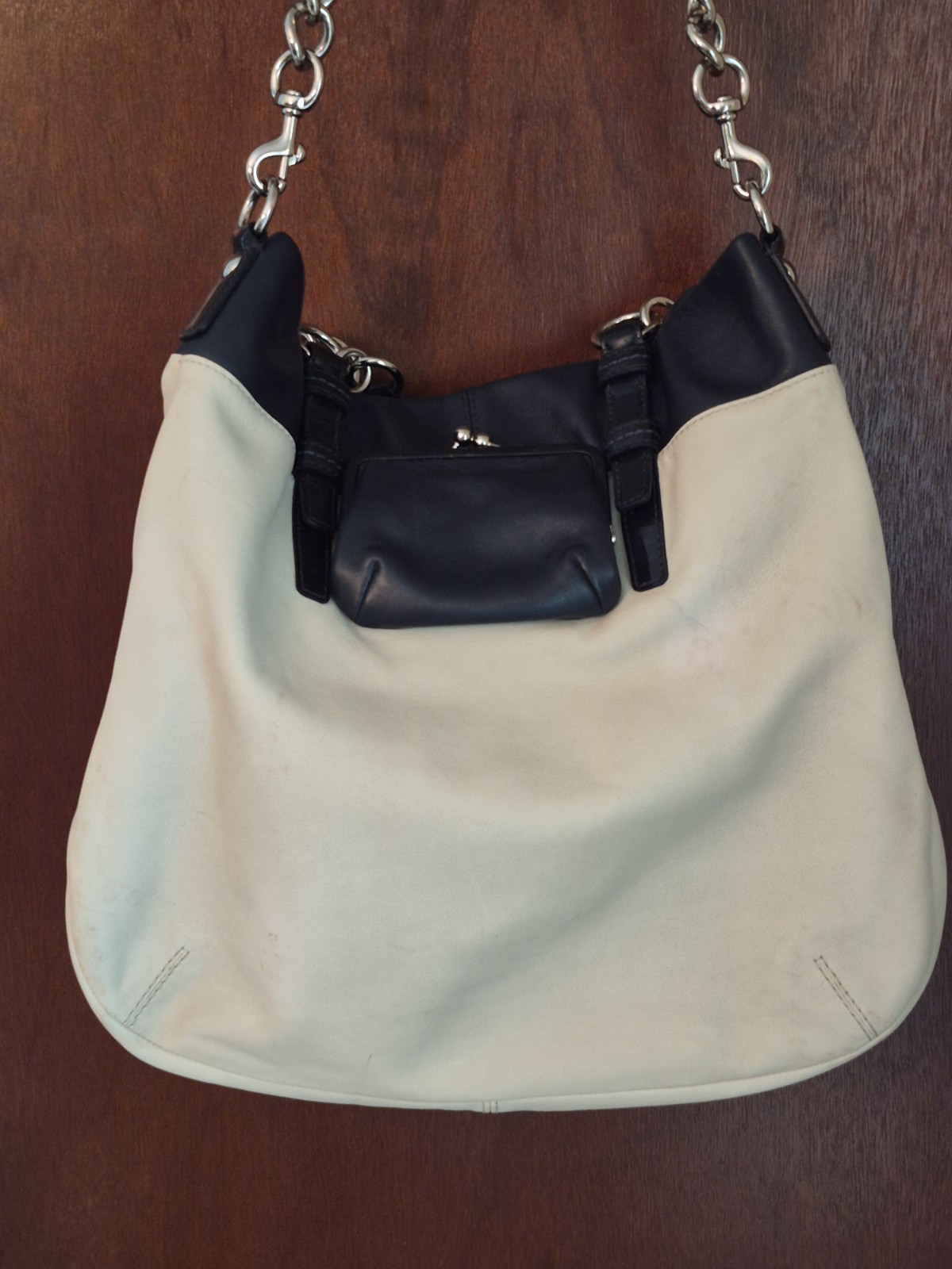 Coach #13389 Bonnie Cashin Like Cream And Navy Kisslock Foldover/ Shopper Tote.
