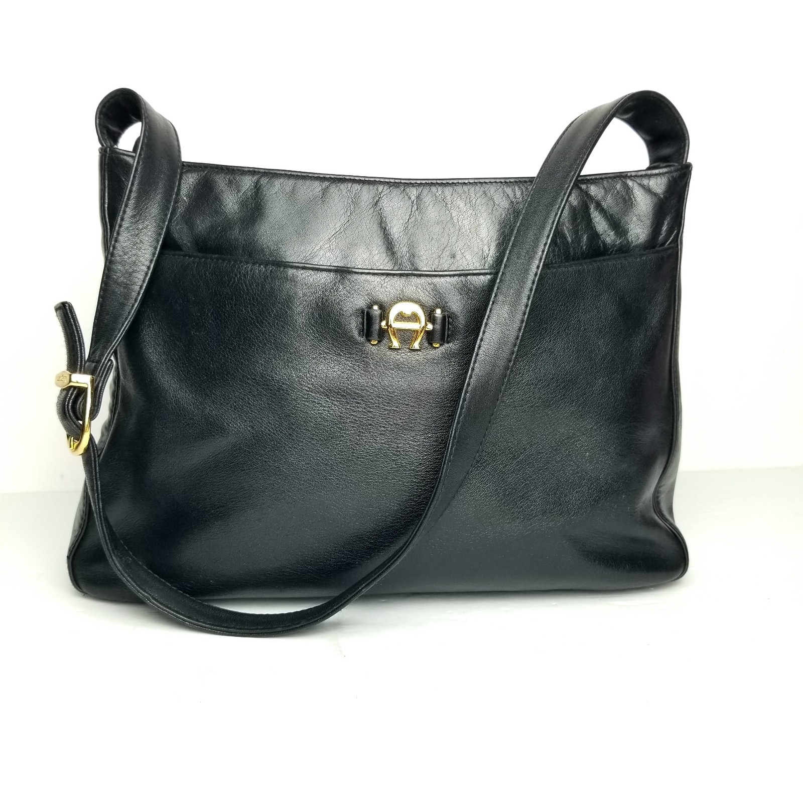 Etienne Aigner Black Genuine Leather Shoulder Bag Gold Tone Logo Classic