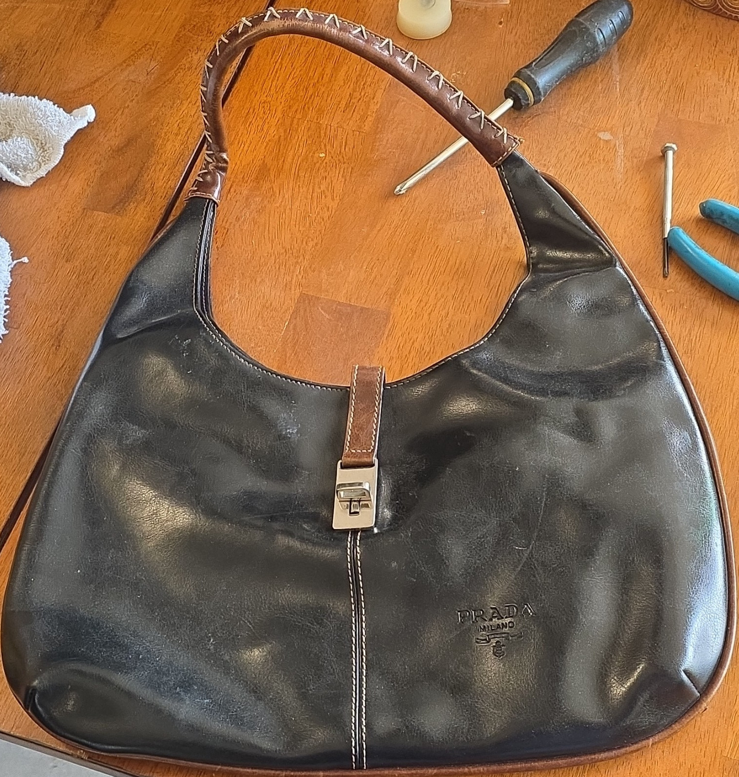 PRADA Black Brown Shoulder Bag Silver Hardware Turn Lock Contrast Stitching
