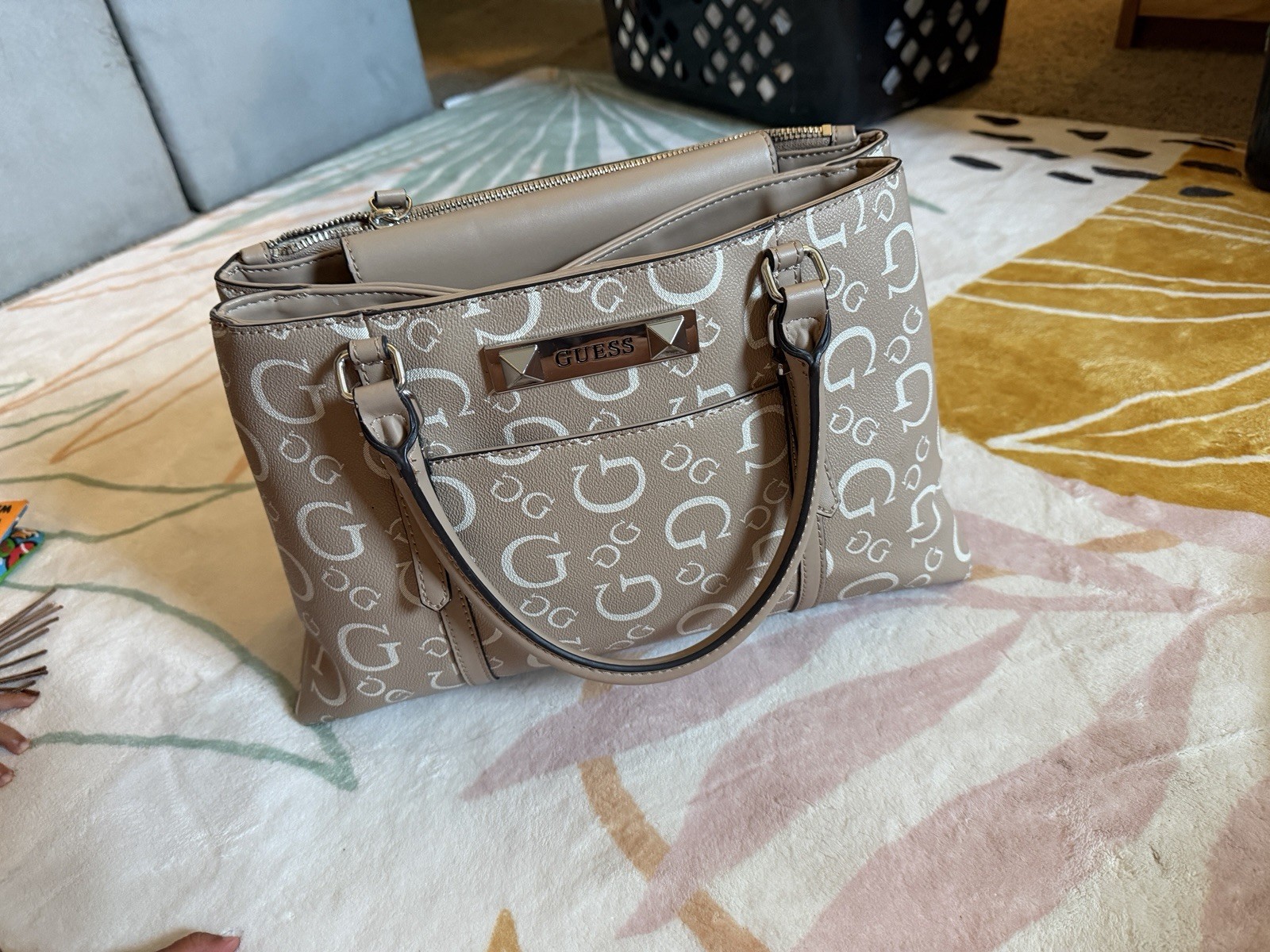 GUESS Taupe Logo Monogram Satchel Top Handle Bag, Detachable Strap, Medium