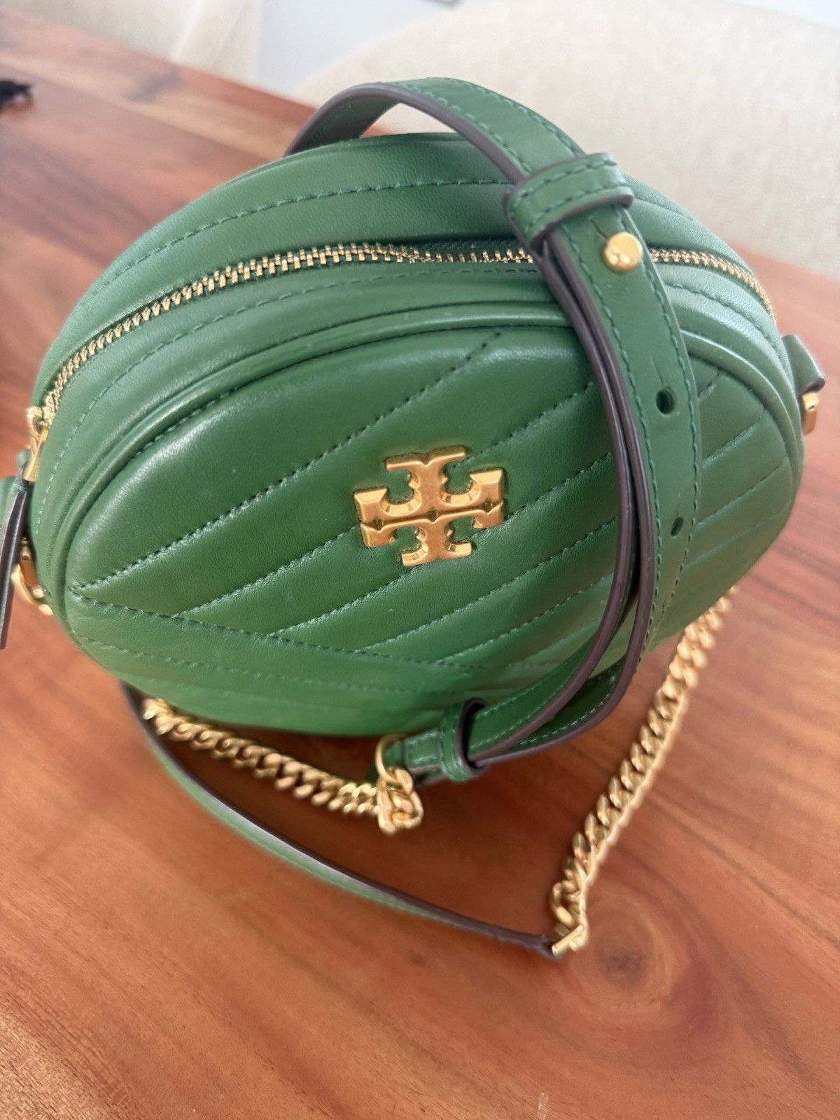 Tory Burch Kira Chevron Circle Bag Green Quilted Leather Gold Hardware