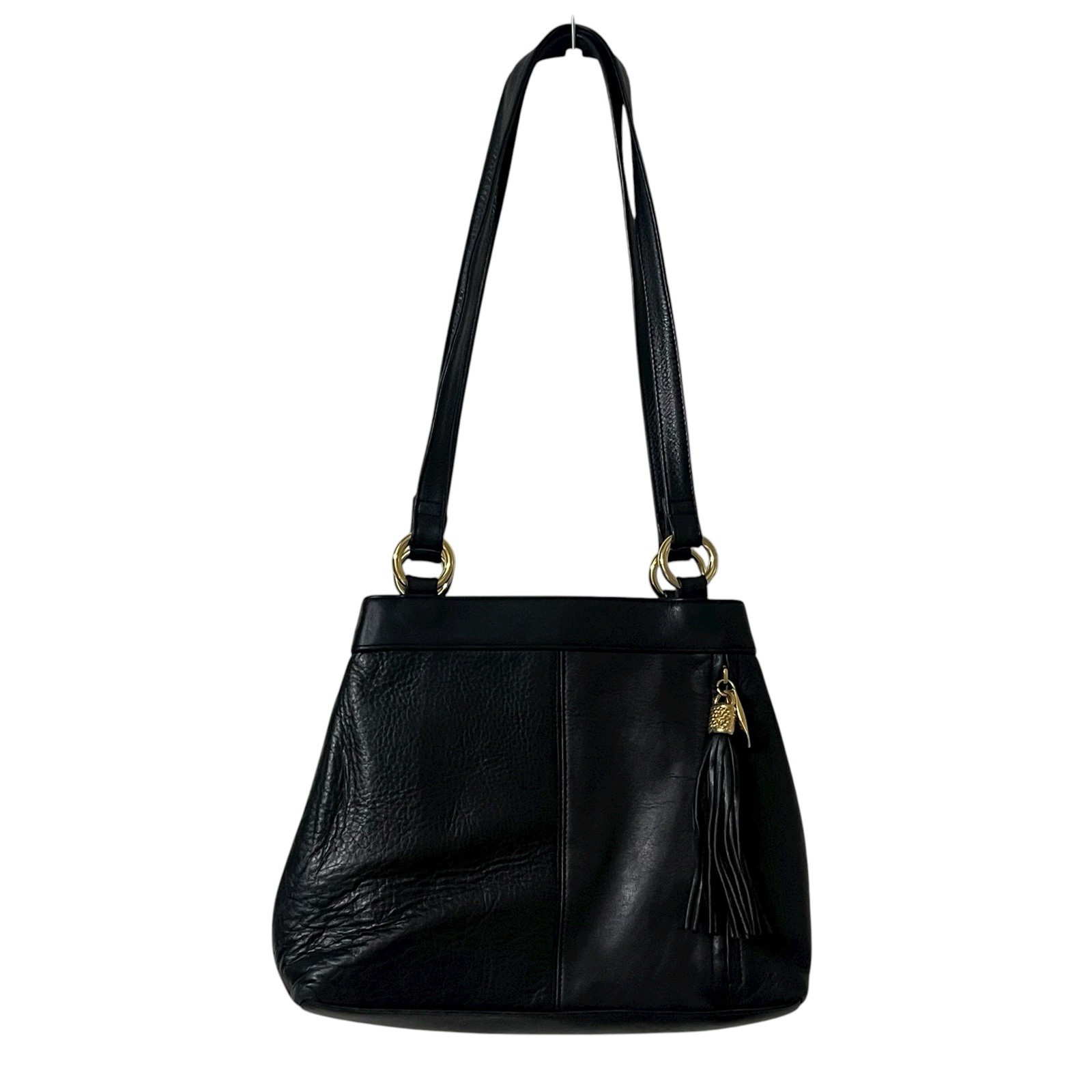 Vintage 90s Black Leather Purse Shoulder Bag Croft & Barrow Tassel Gold Hardware