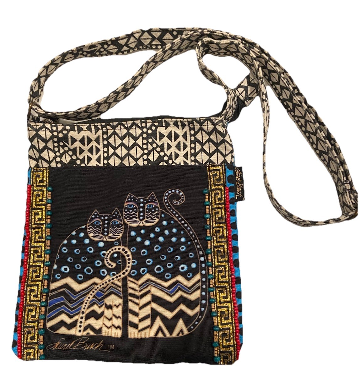 Laurel Burch Cats Kitty Crossbody Bag 9.5×10.5 Inches Beaded Geometric Colorful