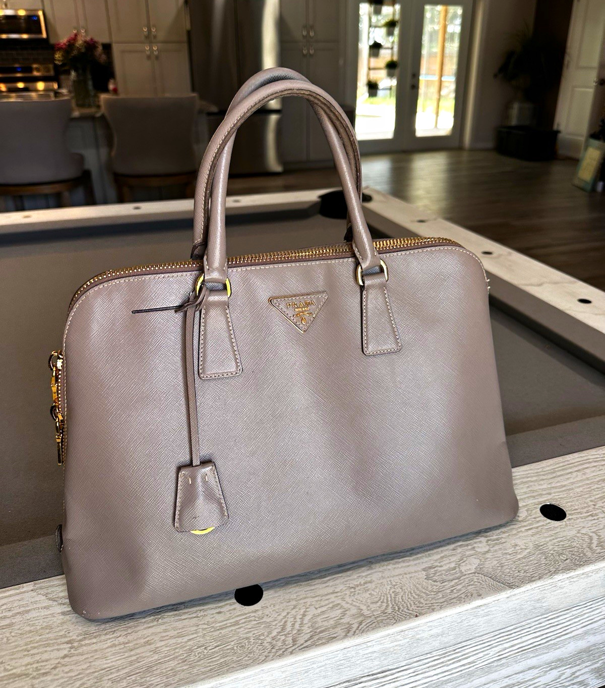 PRADA Gray Saffiano Satchel Top Handle Bag Gold Hardware Zip Clochette