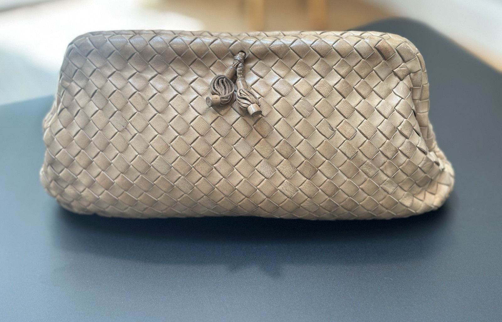 Authentic Vintage Bottega Veneta Intrecciato Leather Tassel Clutch Tan