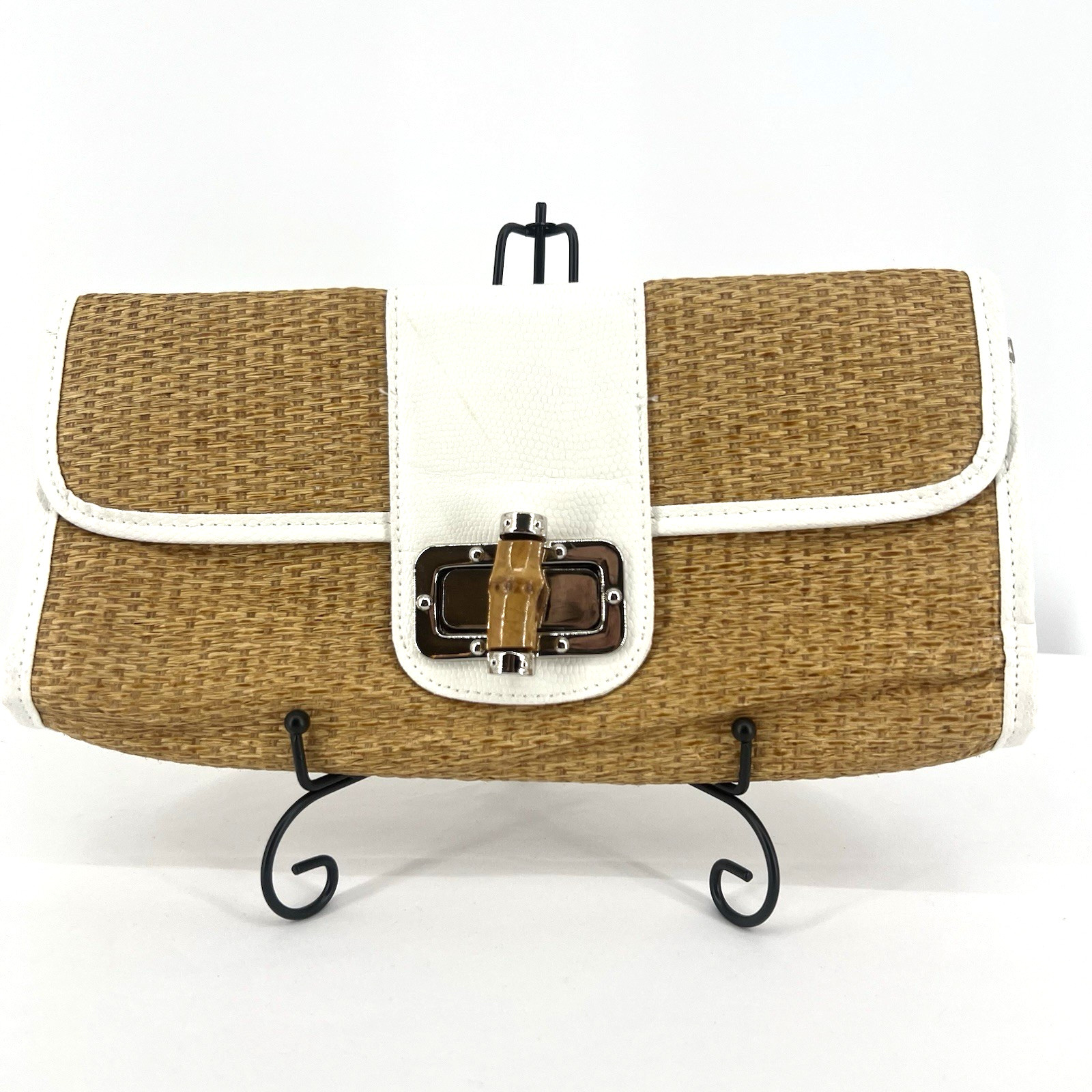 b. bag woven straw rattan clutch purse bamboo closure chain strap (110-2)