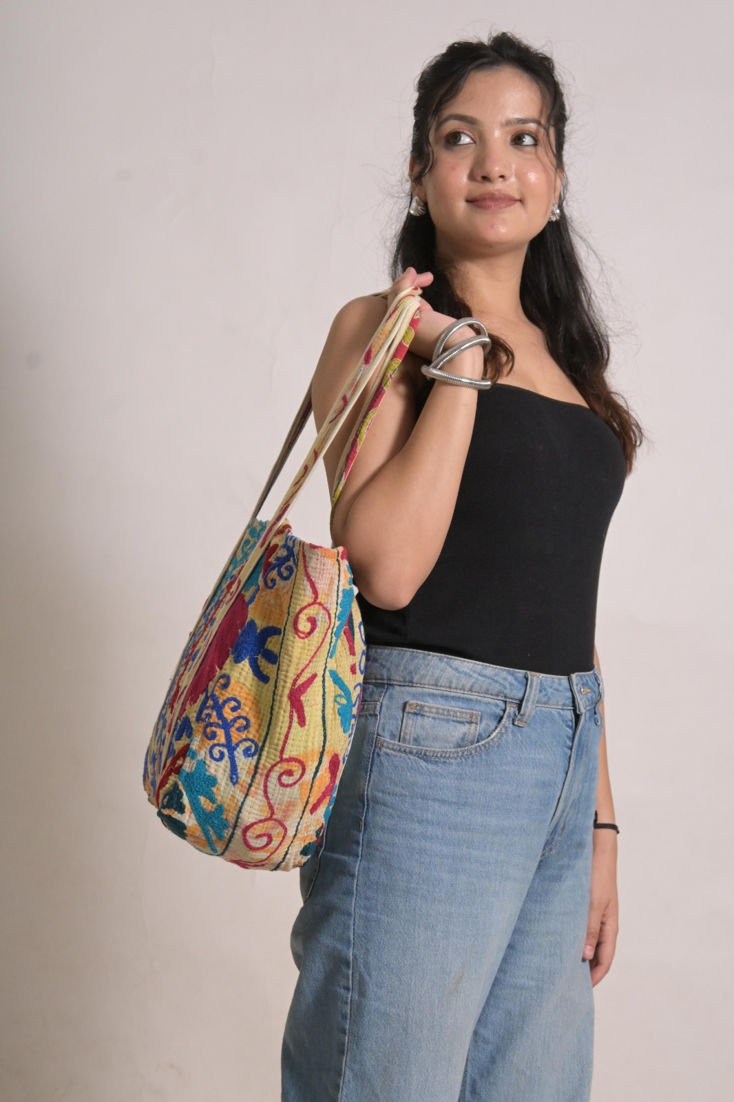 Vintage Cotton Suzani Embroidery Tote Bag Handmade Boho Gift for Women