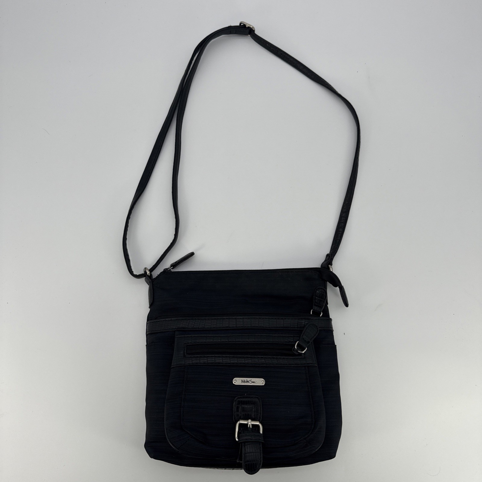 Multi Sac Mid Flare Crossbody Bag Black Blue 9x9in Purse