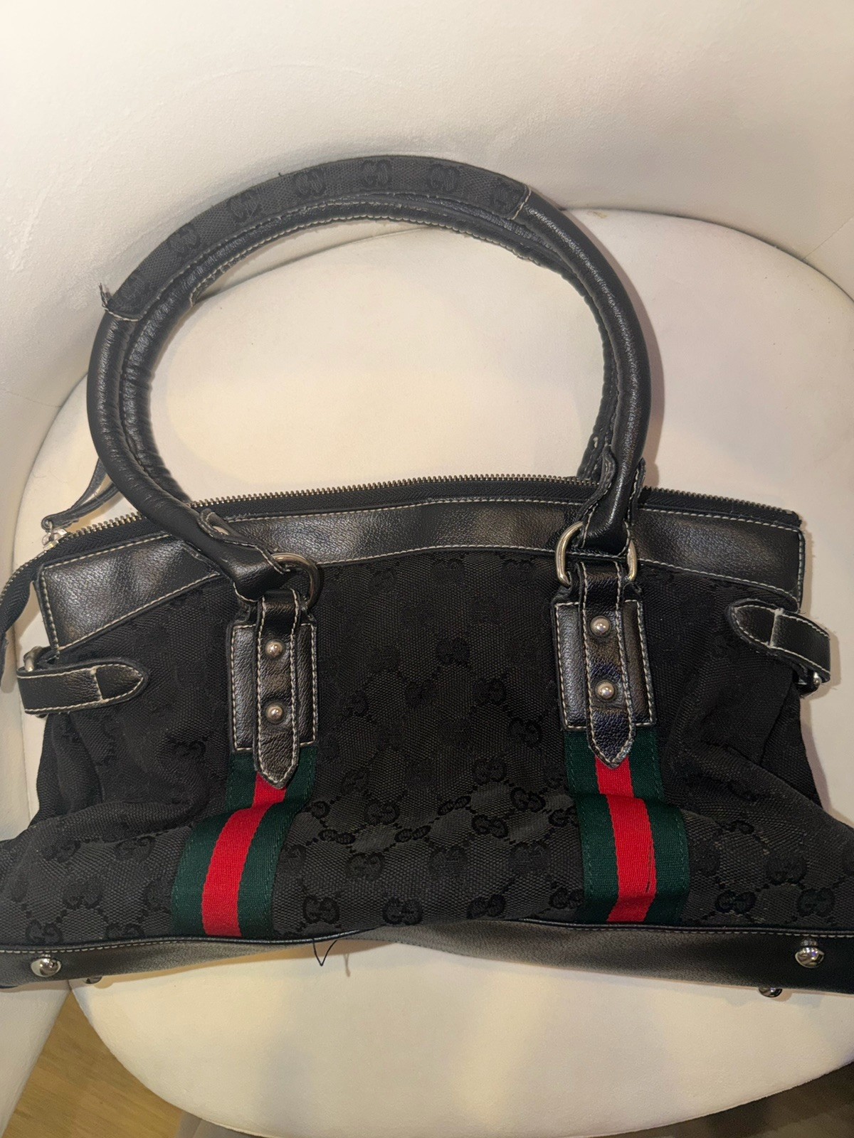 Vintage Gucci Black GG Web Stripe Tote Bag Zip Top Handle Inner Pockets Silver