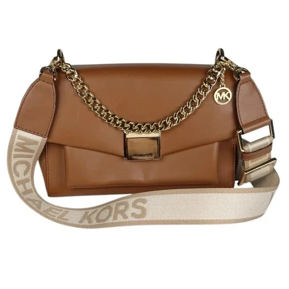 Michael Kors | Lita Medium Leather Luggage Gold/Brown Logo Crossbody Bag