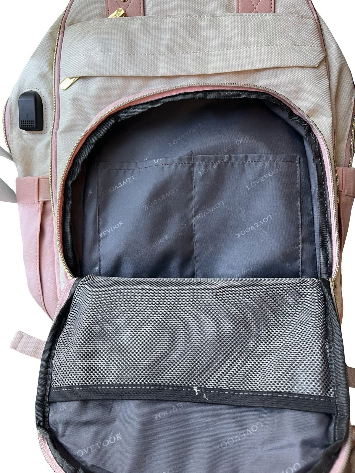 LOVEVOOK Pink Cream Laptop Backpack USB Port Travel Work School Diaper Bag