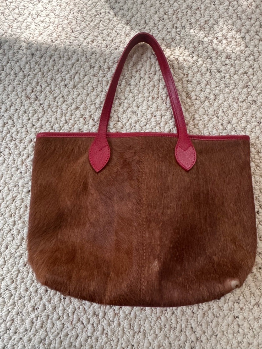 Maurizio Taiuti Brown Calf Hair Tote with Red Leather Handles- medium