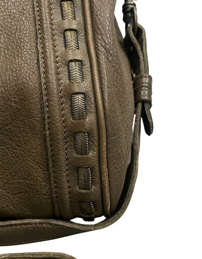 Liebeskind Berlin Taupe Olive Pebbled Leather Satchel Whipstitch Crossbody Bag