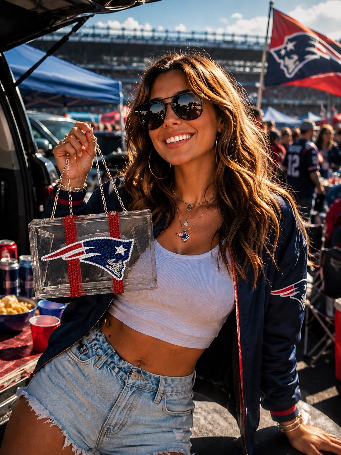 Clear Acrylic Box Clutch w/ Rhinestones Chain Detachable Strap Patriots Logo