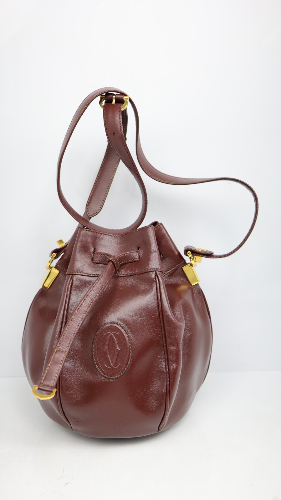 CARTIER Must Line Shoulder Bag Leather Bordeaux Gold Auth 133886