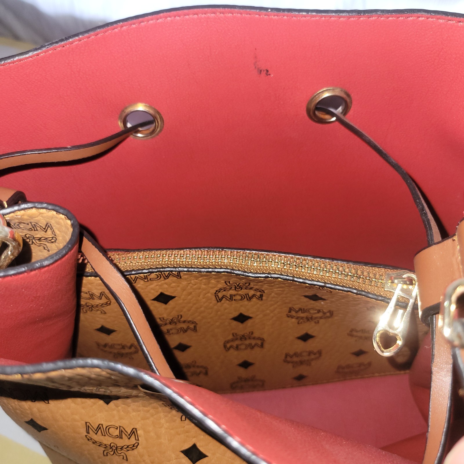 Rare MCM Visetos Cognac Drawstring Bucket Bag Crossbody Shoulder Authentic