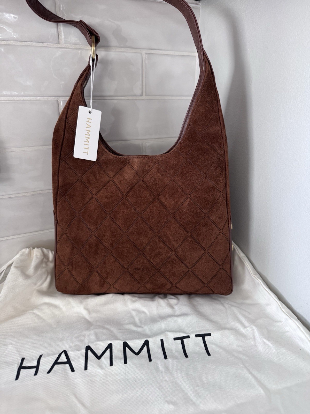 NWT Hammitt Tim Medium Hobo Bag Chocolate Diamond Suede Antique Gold $395