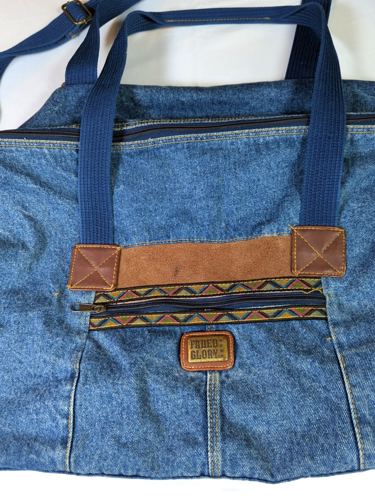 Vtg Denim Weekender Tote Bag Double Handle & Shoulder Strap Timeless Versatile