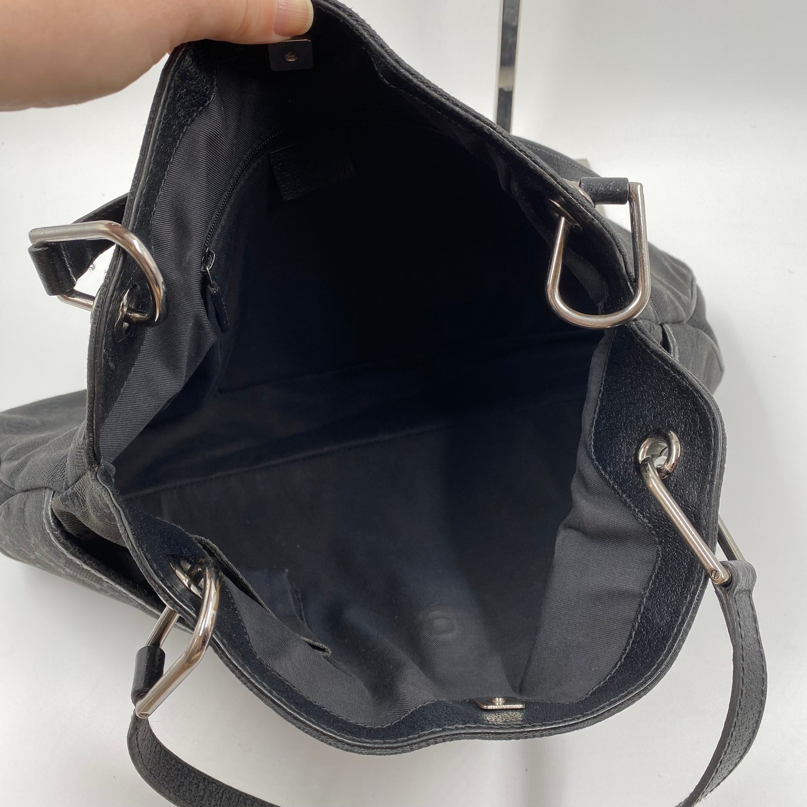 Gucci GG Monogram Eclipse Tote Bag Cloth Canvas Leather Trim Black Y2K Purse