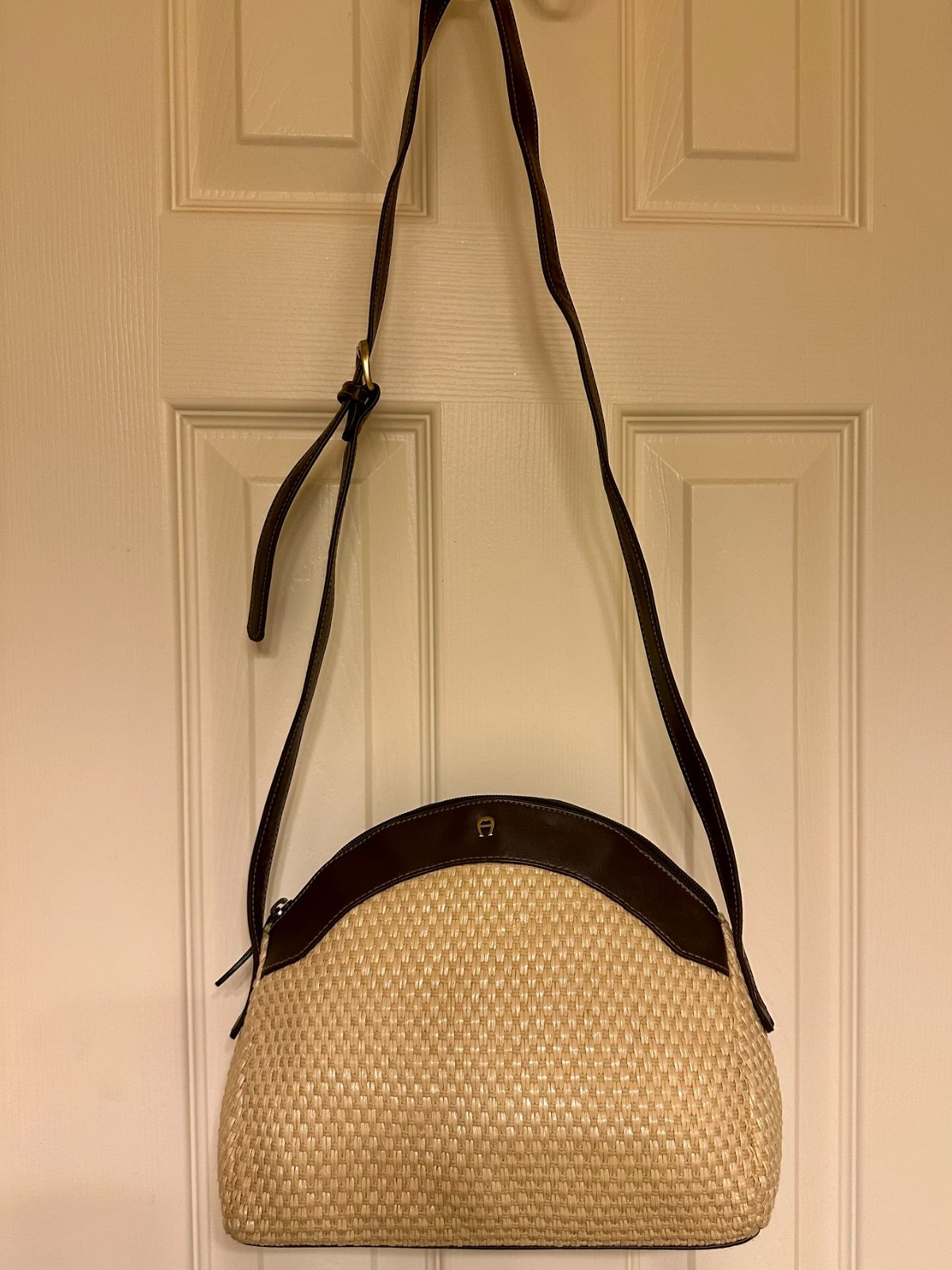 Vintage Etienne Aigner Woven Straw & Brown Leather Handbag Purse