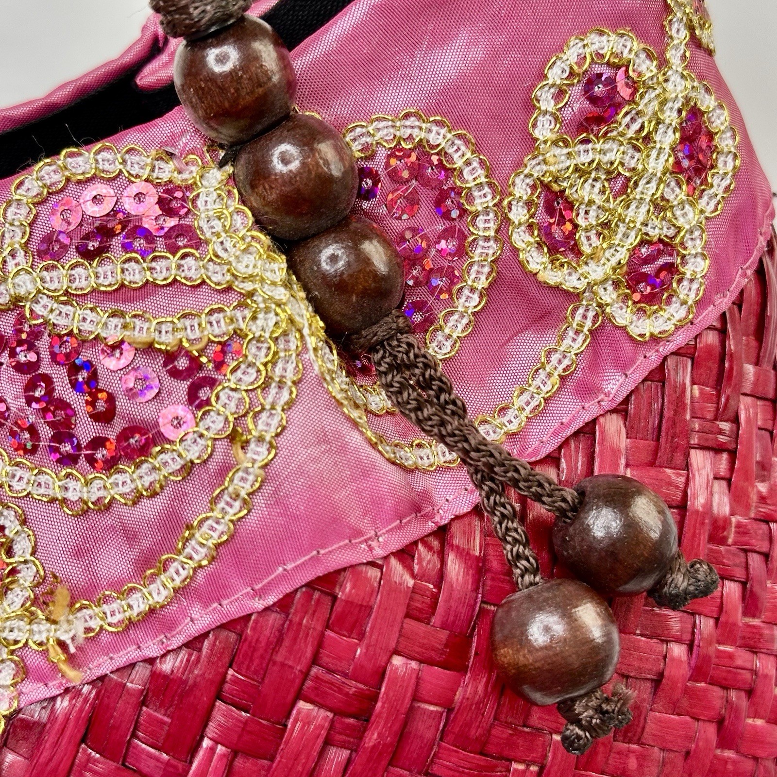 Red Woven Handbag Pink Beaded Embroidery Wooden Handle Boho Asian Style Purse